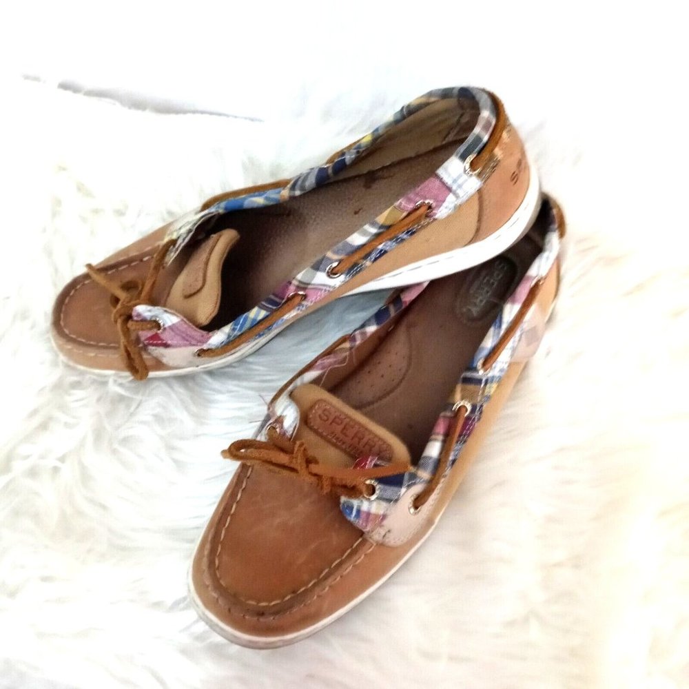 Women's Sperry Angelfish Boat Shoe Tan and Plaid Size `10  Leather Upper